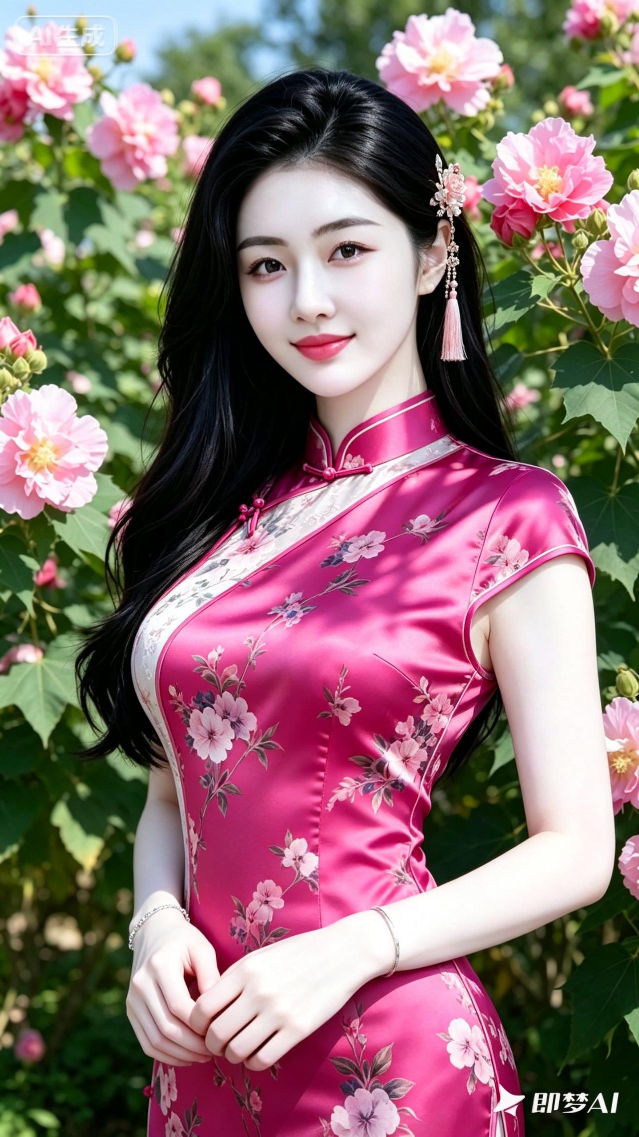 粉色旗袍少女，花海中的优雅之美