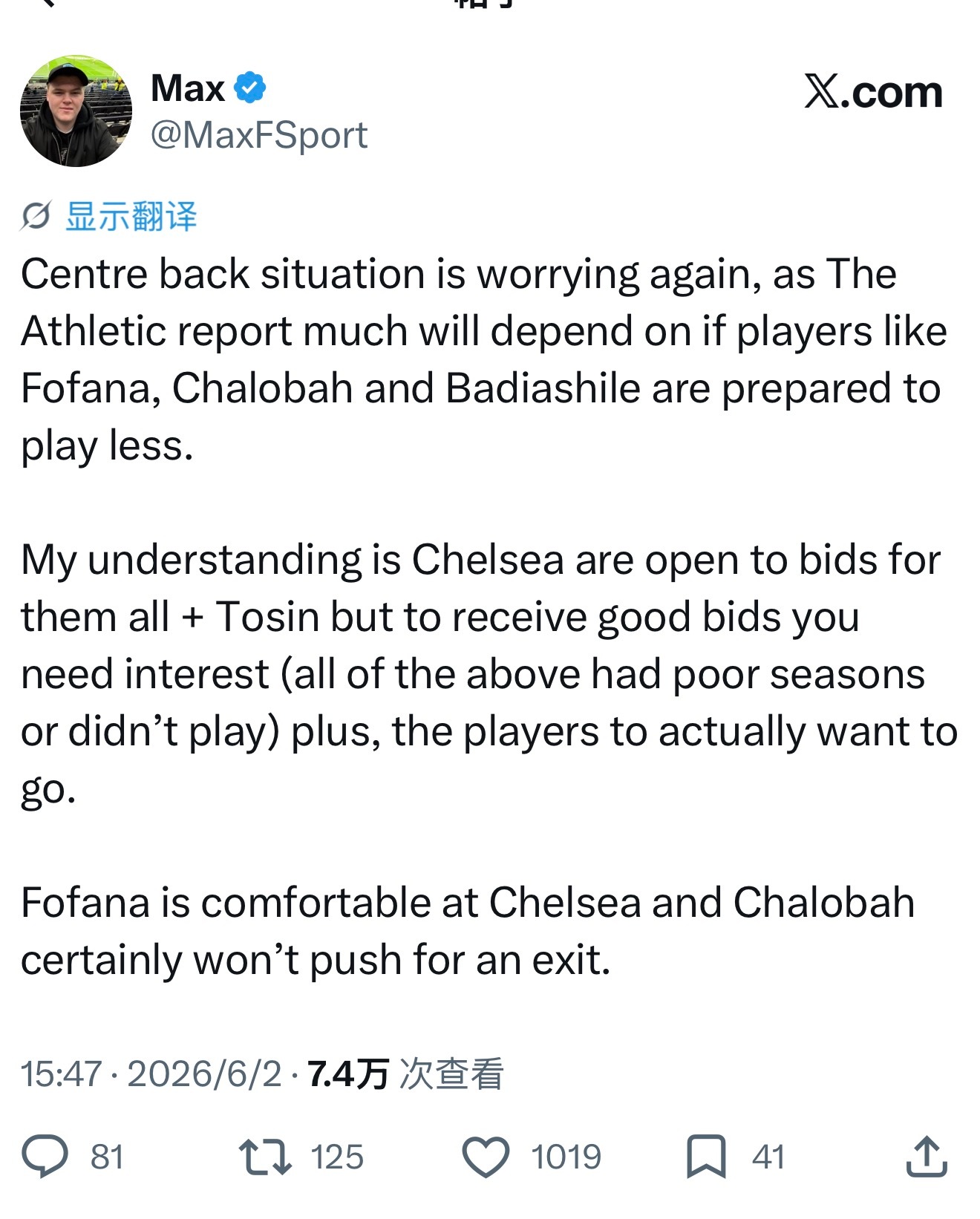 据《The Athletic》消息，切尔西中卫用人形势再度堪忧，后续操作很大程度