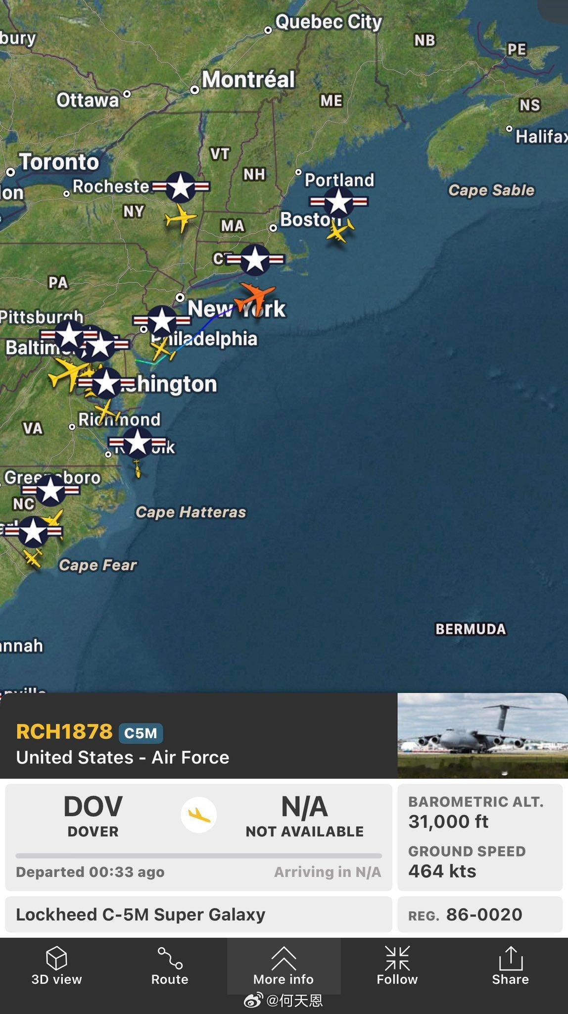 在过去十多小时里， C-5 超重型运输机一直飞往中东地区，向中东密集空运战备物资