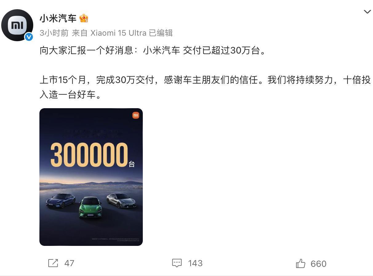 小米汽车：上市15个月，完成30万辆交付！
大家在路上看到过SU7吗？