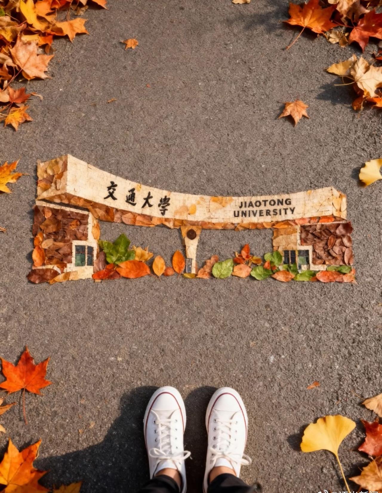 【叶落成诗西交大用秋叶拼出时光校园地标】 金黄秋叶作笔，校园地标为景。西安交通大