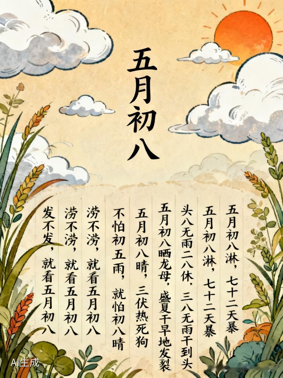 今天是五月初八民间俗语有
🌦️ 天气农谚（最常用）
- 发与否，且看五月初八
