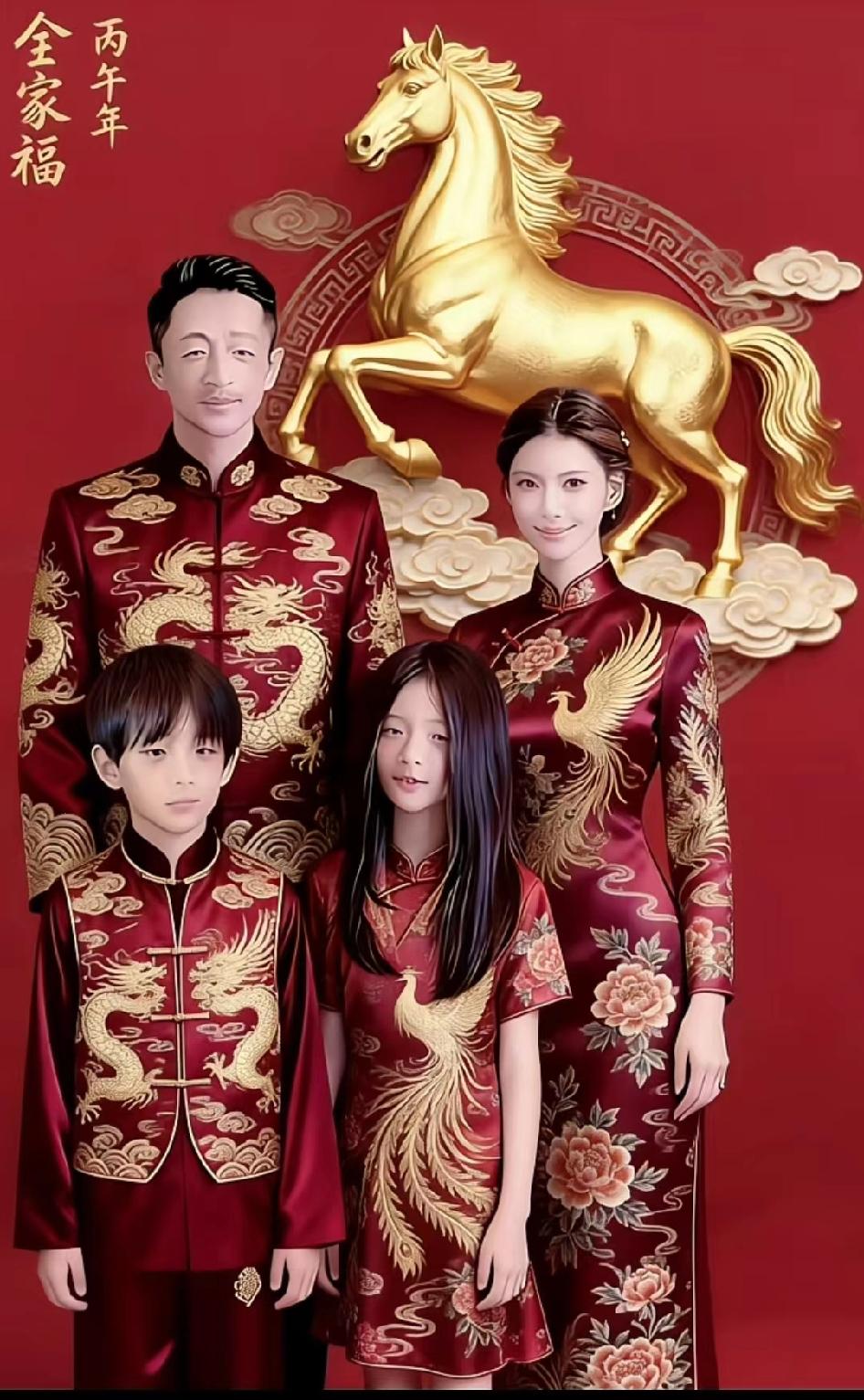 待产的马筱梅发了一张Ai制作的马年全家福。
图中共有五口人，汪小菲和马筱梅，小玥