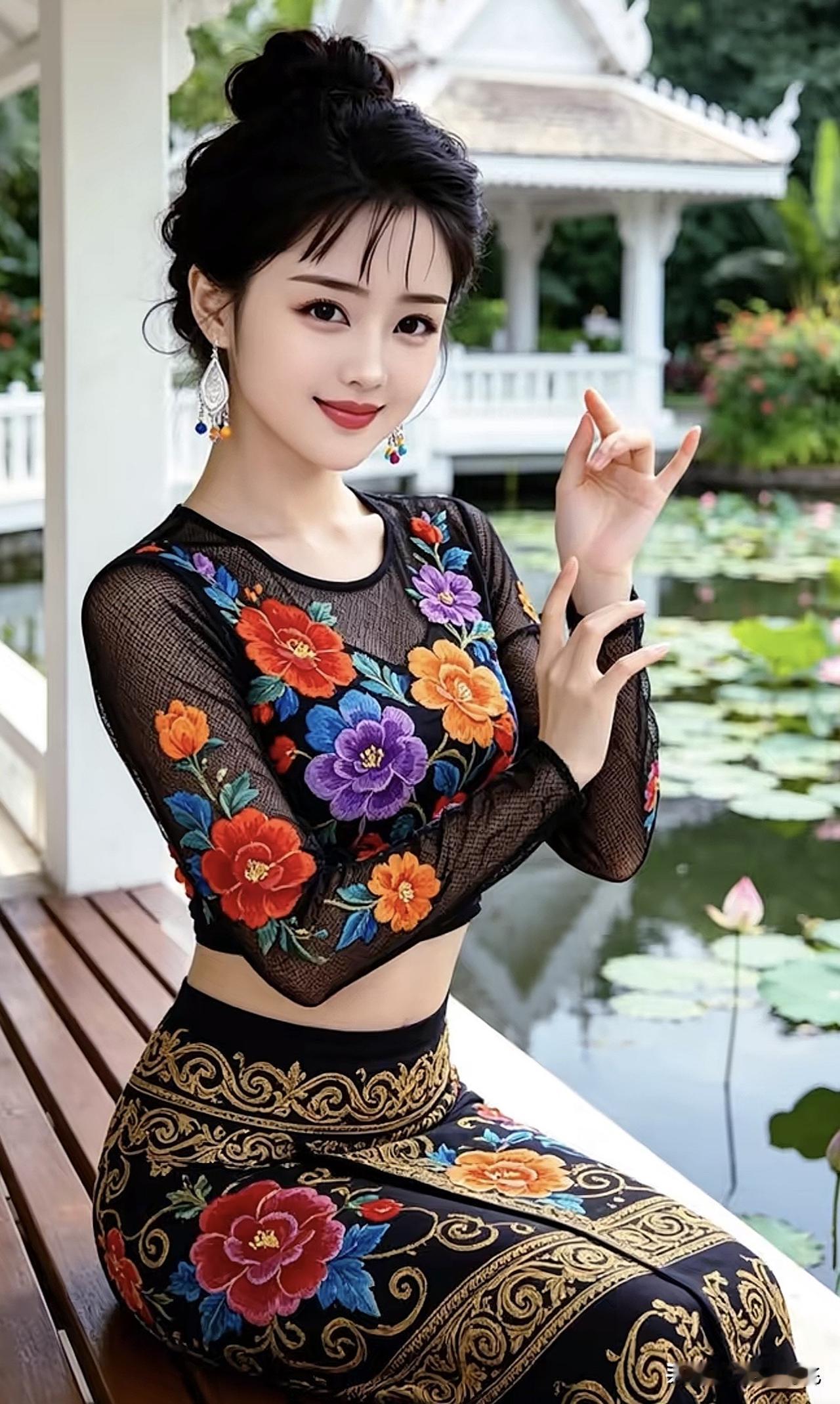 在湖畔的亭子下，绽放出东方美的优雅女子东方气质美人 湖畔气质照 湖畔棕裙照 湖畔