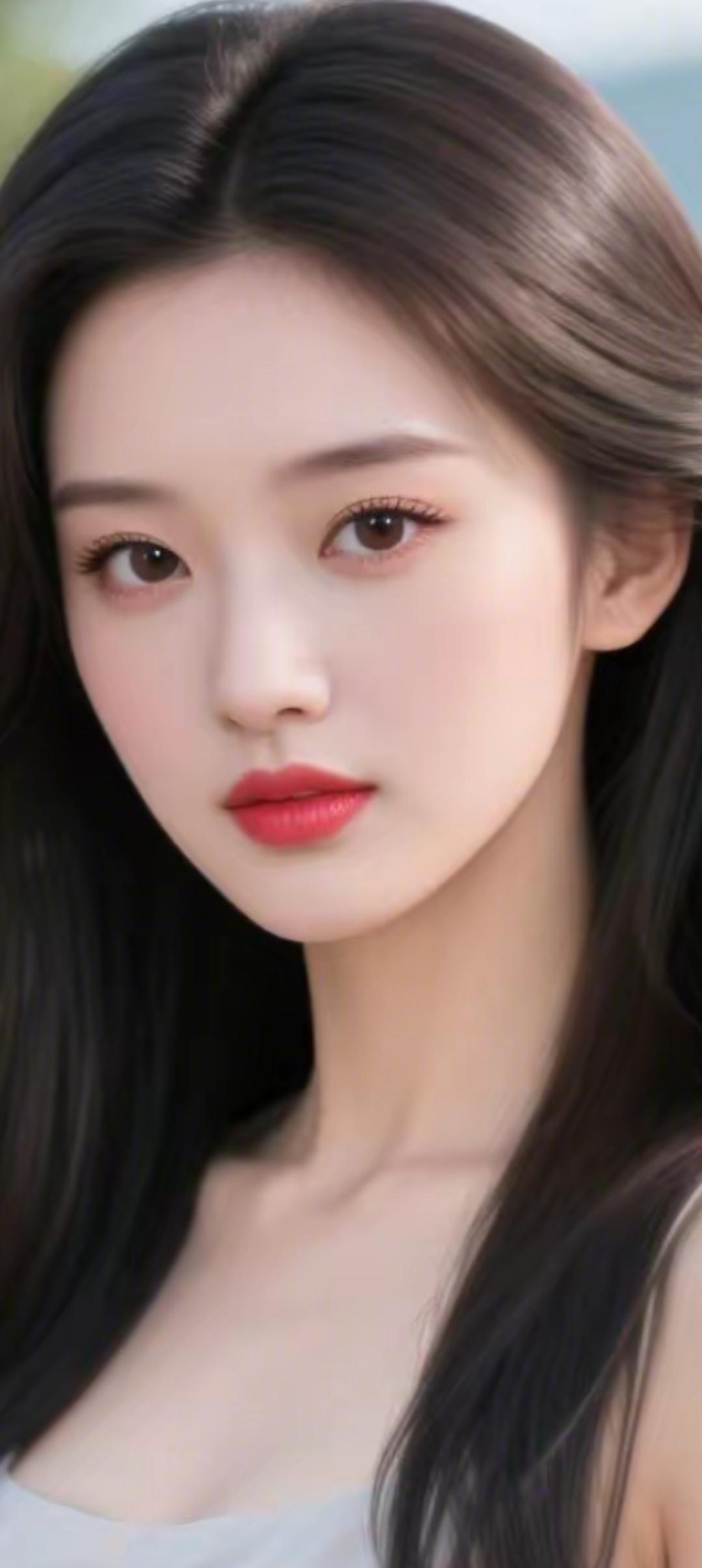 甜美少女风，红唇轻启，温柔动人。