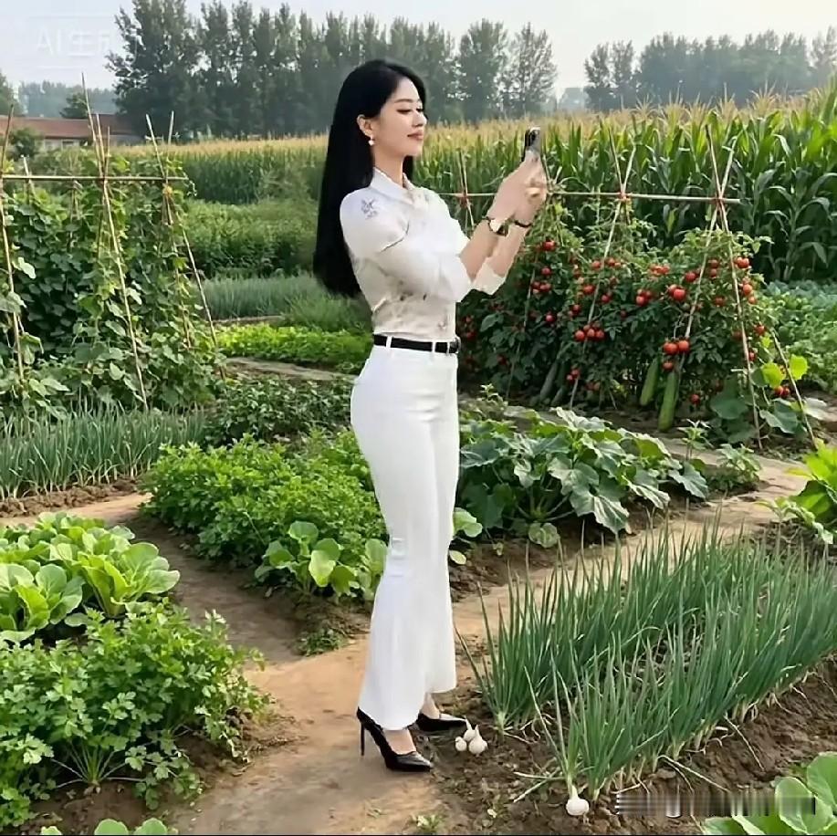 农家菜园拍个照，
天然蔬菜最可靠。
满园青翠成色好，
拍照美女是大嫂。
大嫂长得