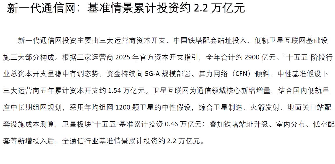 2.2万亿的新投资，组建新的通信网。三大运营商将会提升资本开支、中国铁塔配套站址