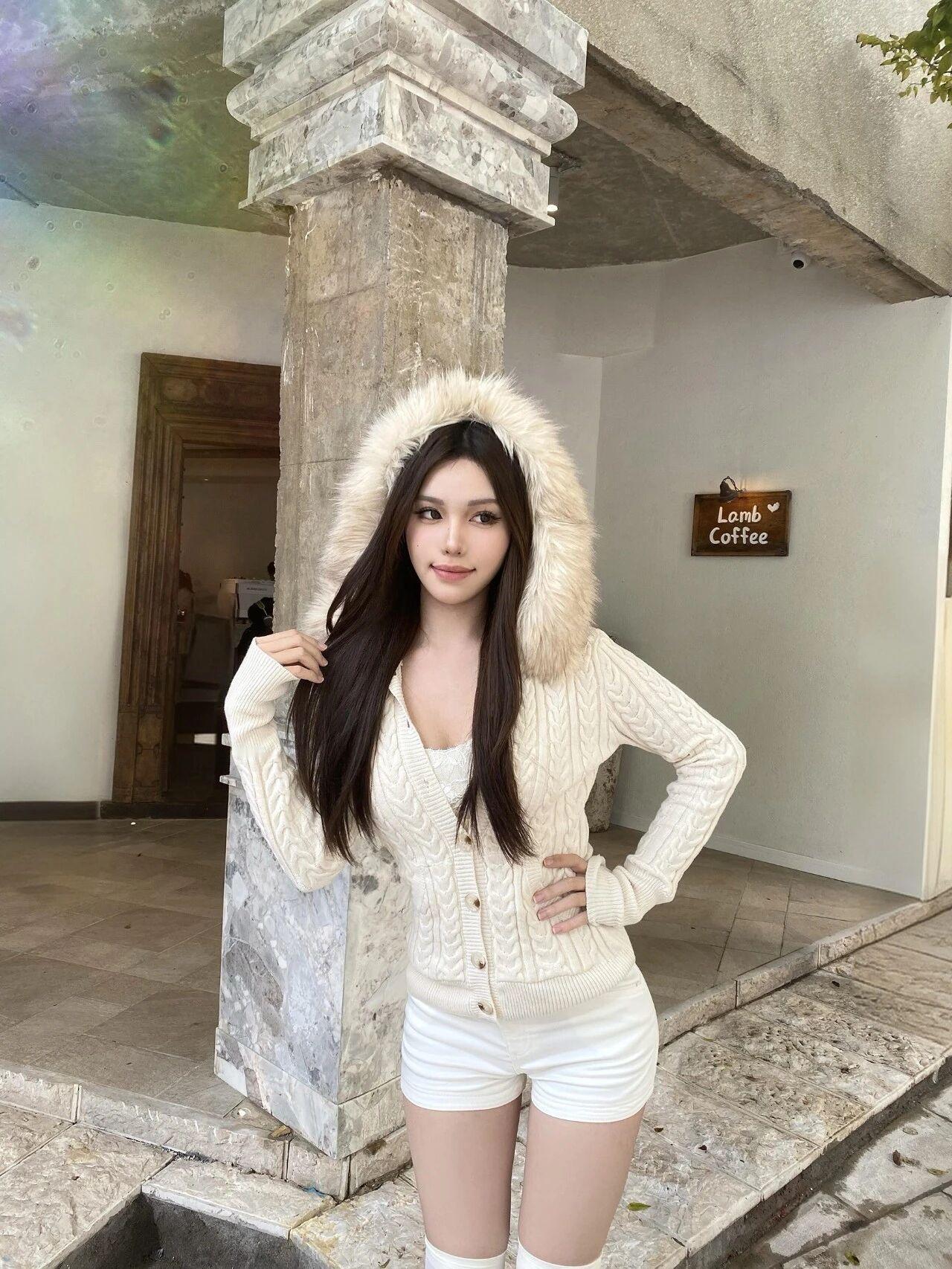 “​​毛绒连帽针织开衫+白短裤+过膝白袜”，温柔甜美又高级的时尚穿搭
   带毛