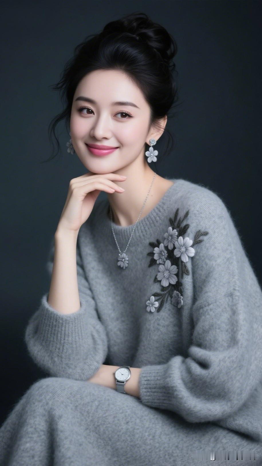 花间笑语，岁月静好。寻找镜头的美 优雅气质，灰色毛衣搭配花饰，温柔微笑，时尚穿搭