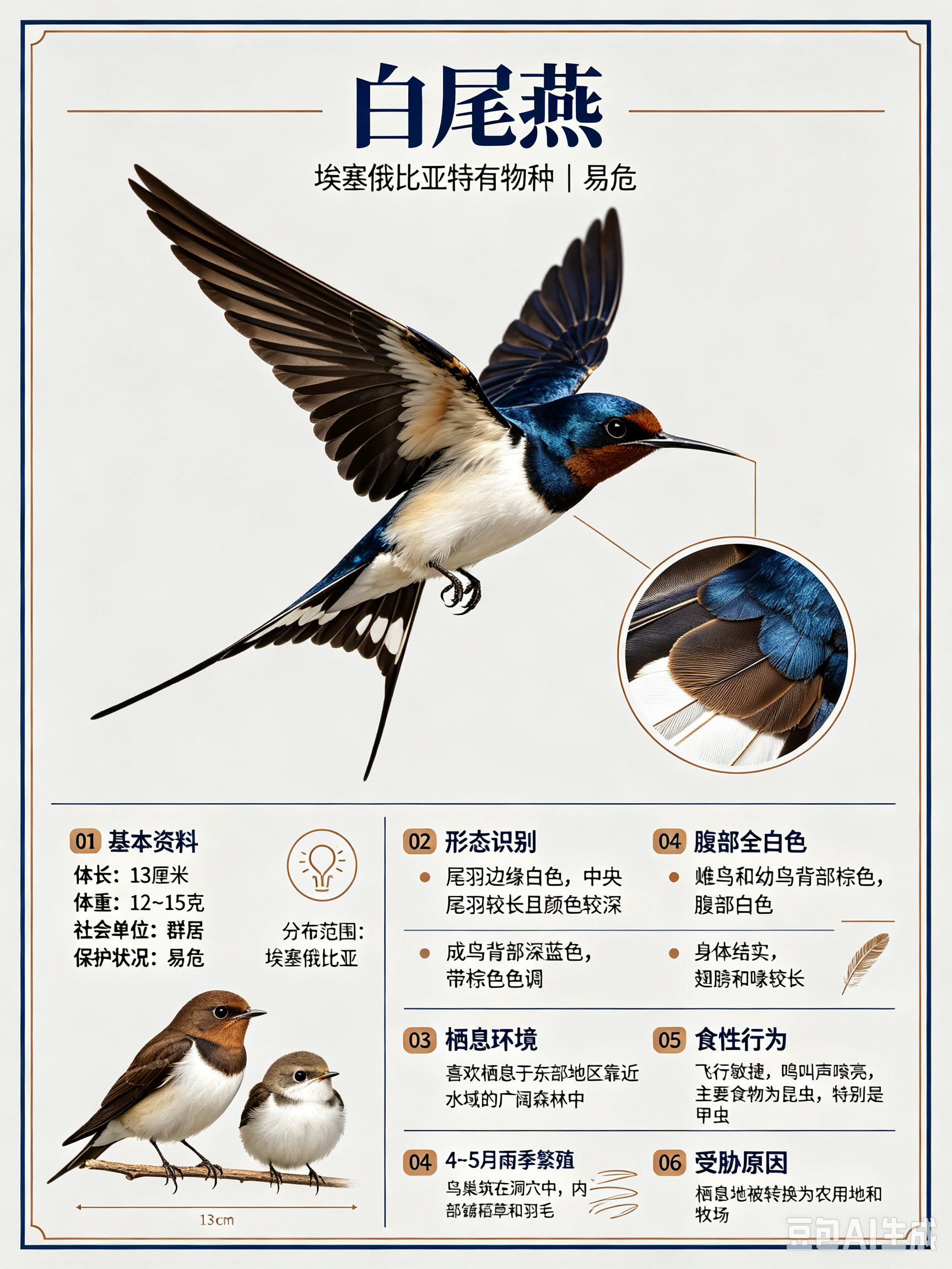 鸟类朋友图鉴 白尾燕体长：13 厘米体重：12~15 克社会单位：群居保护状况：