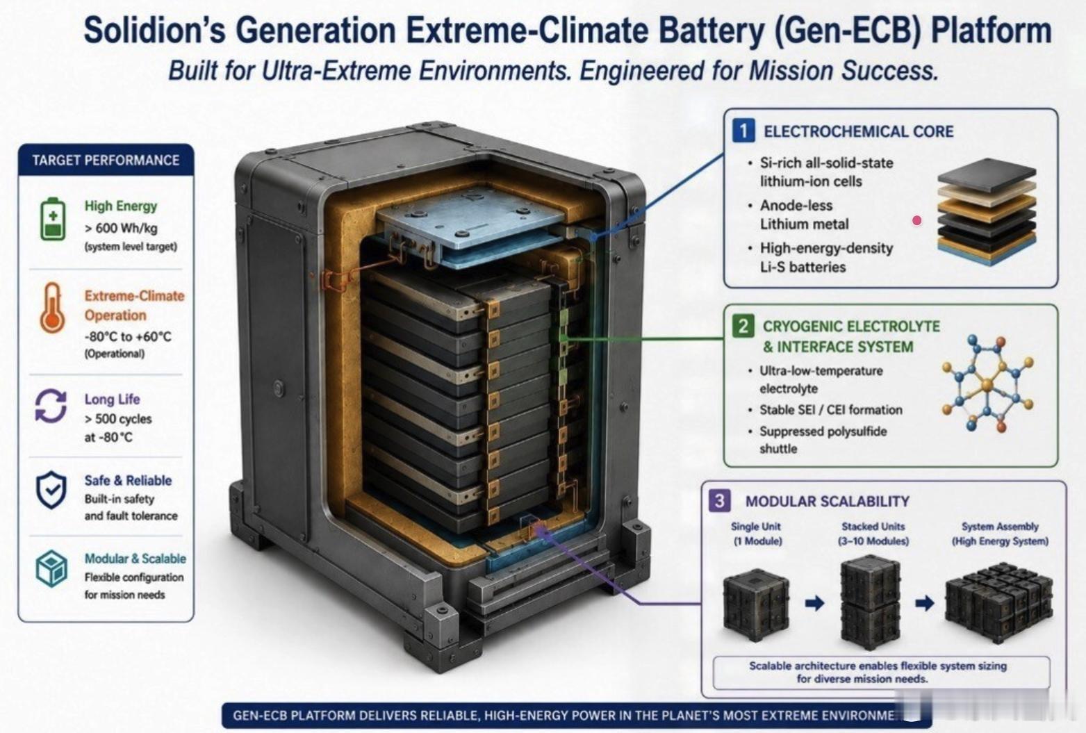 Solidion Gen-ECB极端气候电池额定稳定工作区间：-80℃～+60℃