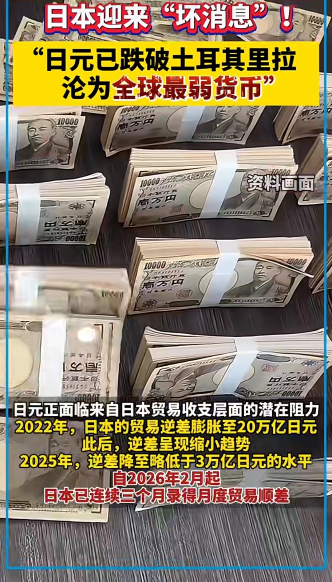日本迎来坏消息日本迎来坏消息，日元已跌破土耳其里拉沦为全球最弱货币。对于我们来说
