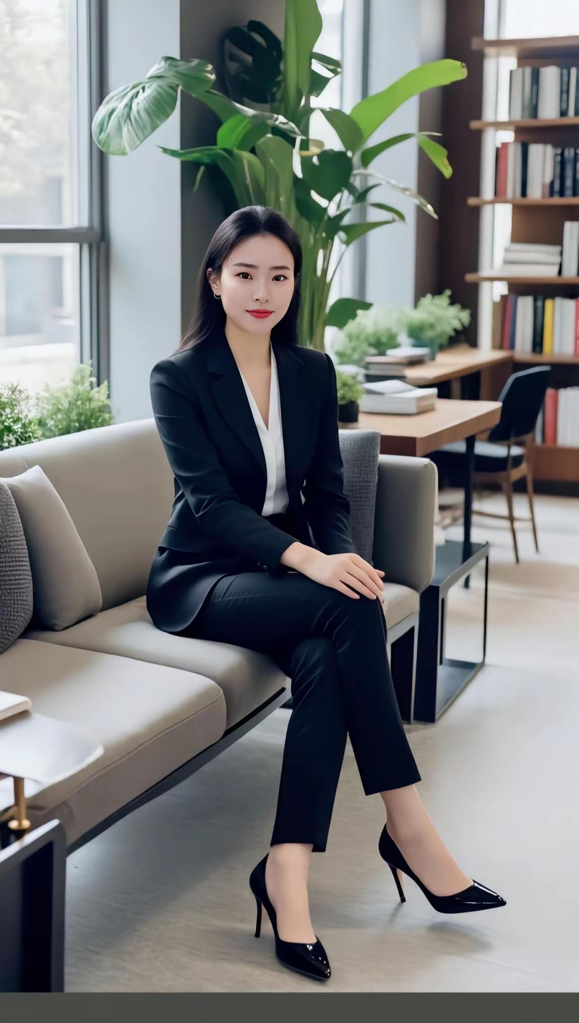职场精英风范，黑西装搭配高跟鞋，自信满满！