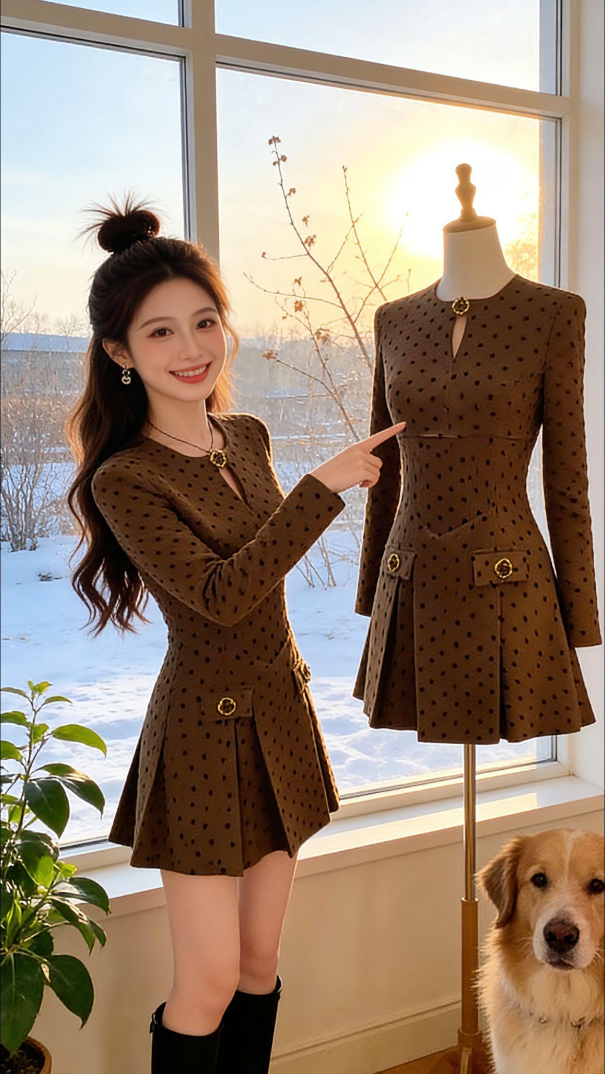 Danny冬日宅家抱着修狗追剧，被这条美拉德波点裙美到了！棕调衬得肤色好温柔，波