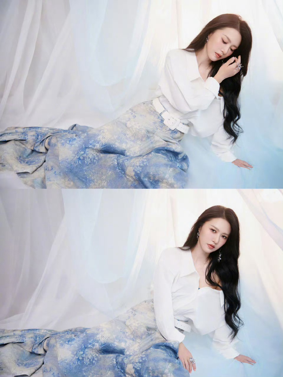 谭维维清冷起来美我一大跳谭维维这一套出发图好美啊，妆容高级简单，搭配上蓝白衬衫裙