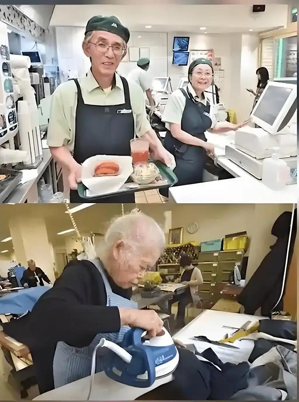 东京街头，银发族的身影随处可见。
便利店收银台后面站着67岁的大叔，出租车驾驶座