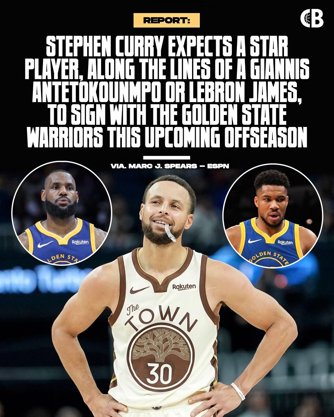 #库里坚信勇士休赛期将引进超级明星##库里认为詹姆斯或字母哥将加盟勇士# 据名记