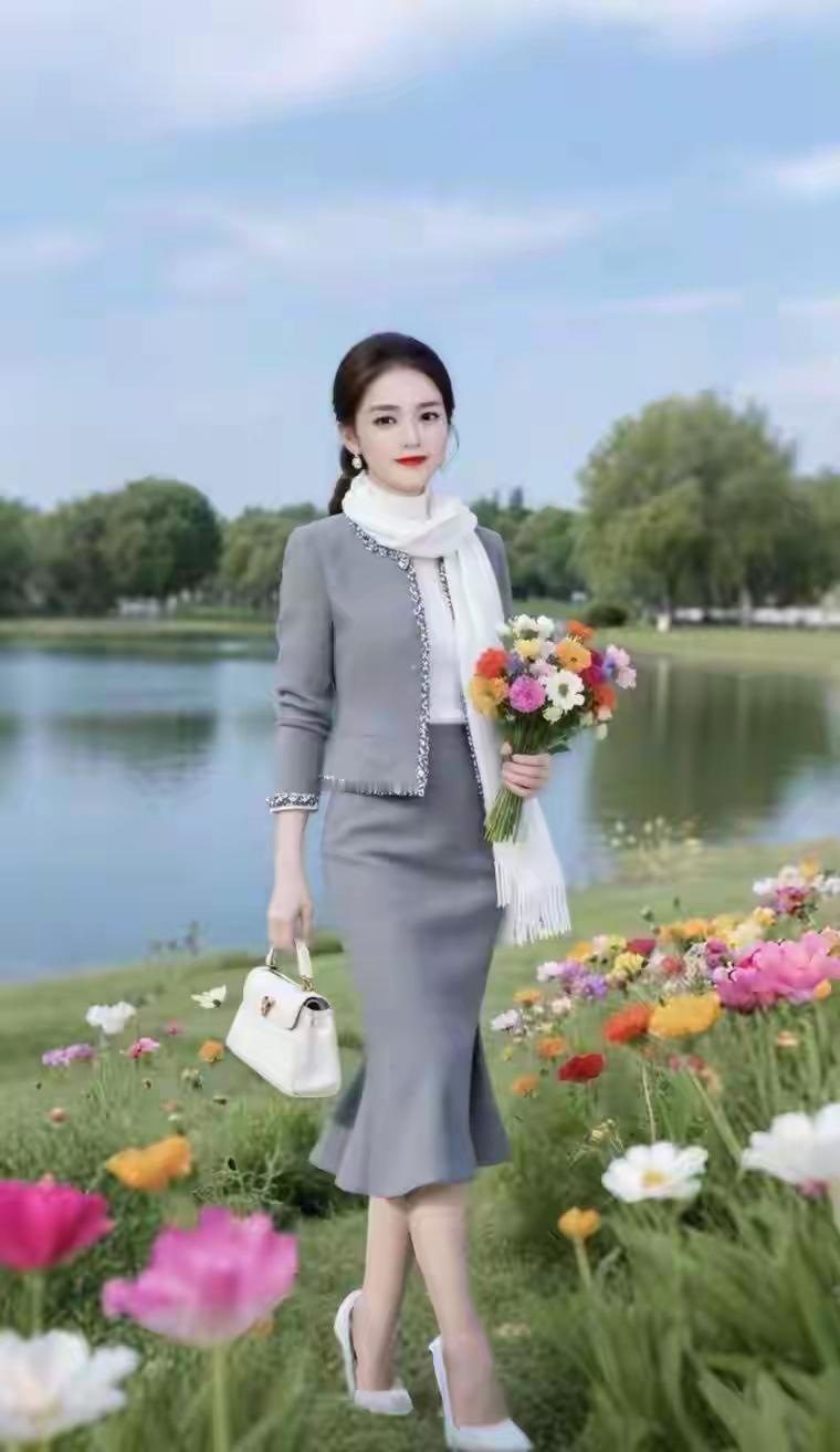 优雅漫步在花海中，手捧鲜花，享受春日美好时光。