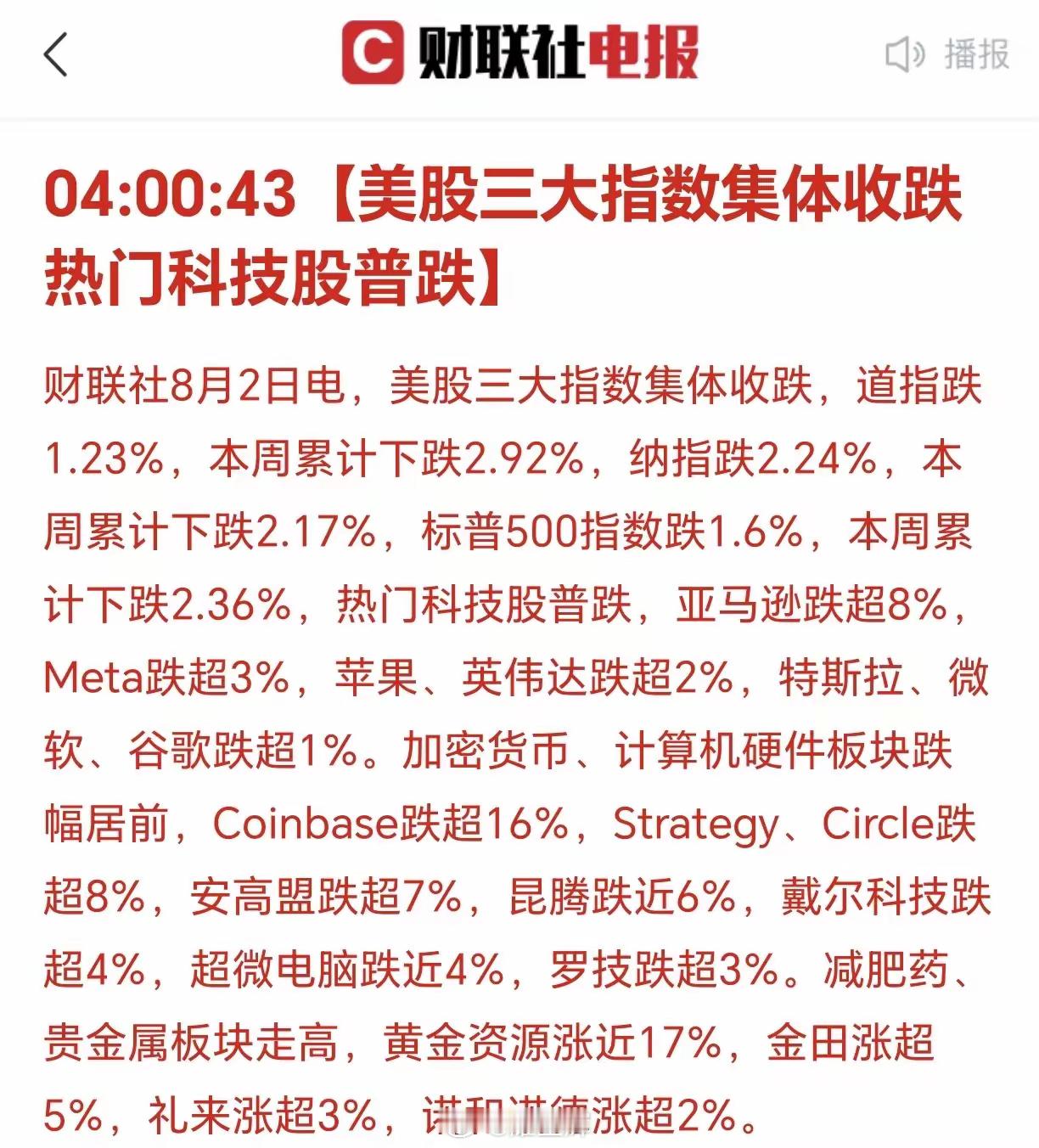 刚刚酒店醒来：美国三大股指集体下跌！​这一次是破位下跌，幅度有点大！黄金似乎又要