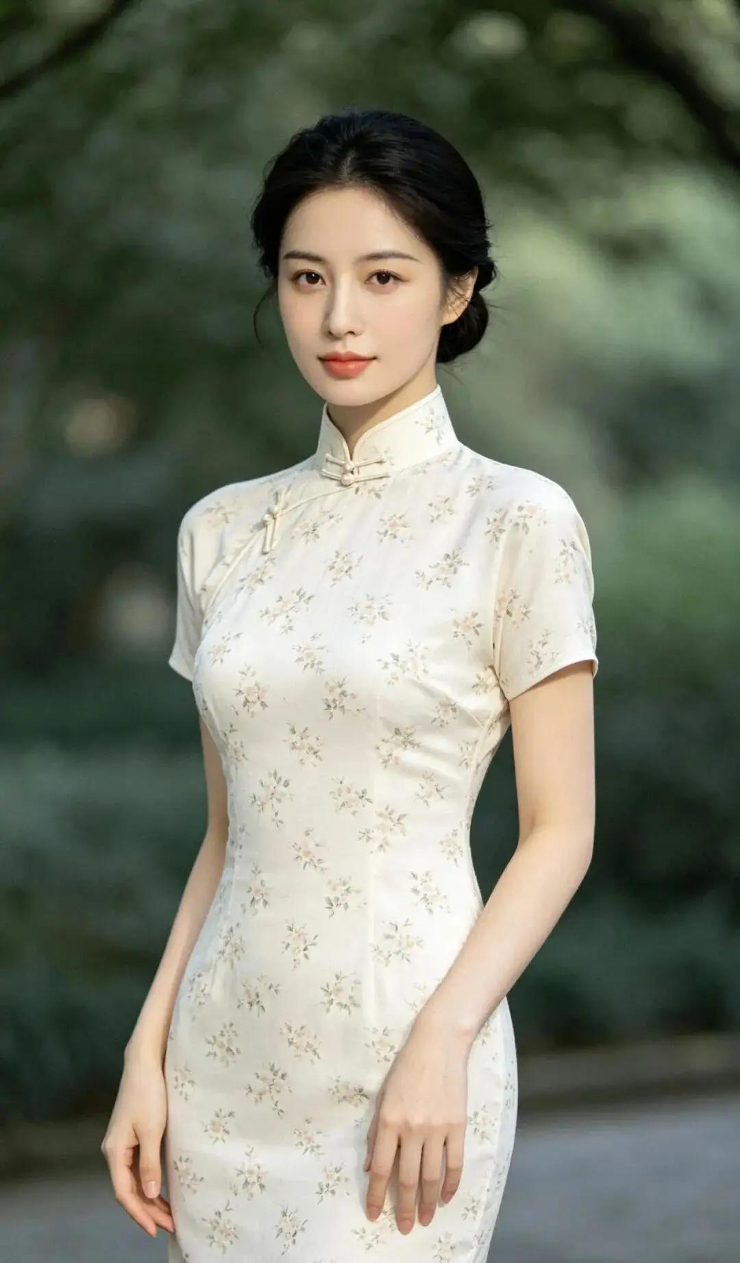 🍃 温柔氛围感款
一袭米白碎花旗袍，把江南的温婉穿在了身上。
风遇林止，人遇旗
