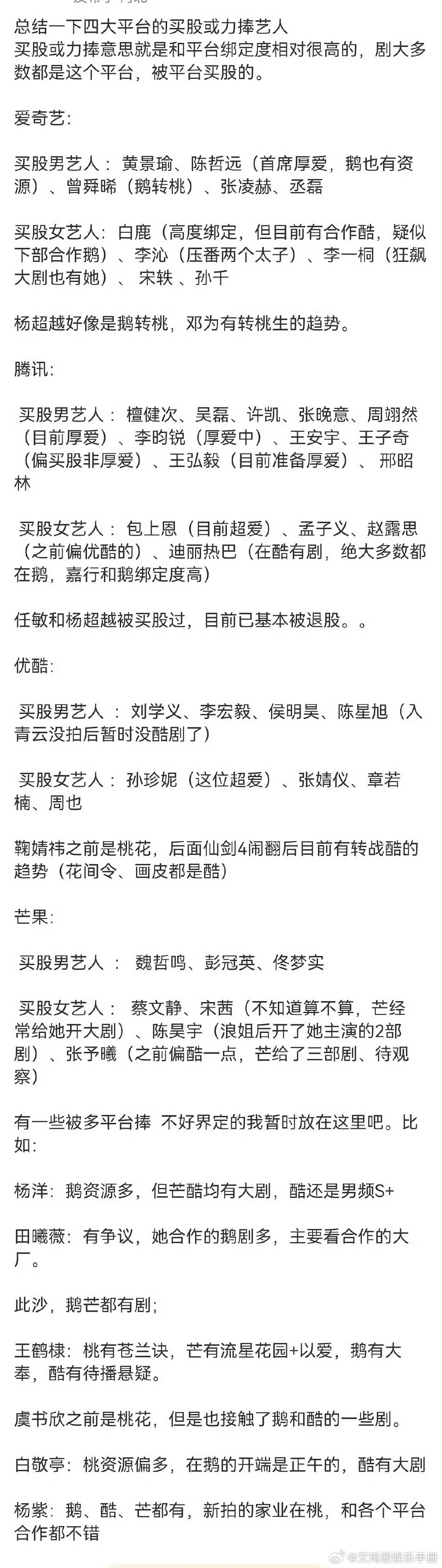 来看各平台的买股和力捧艺人，哪家眼光最好？ 