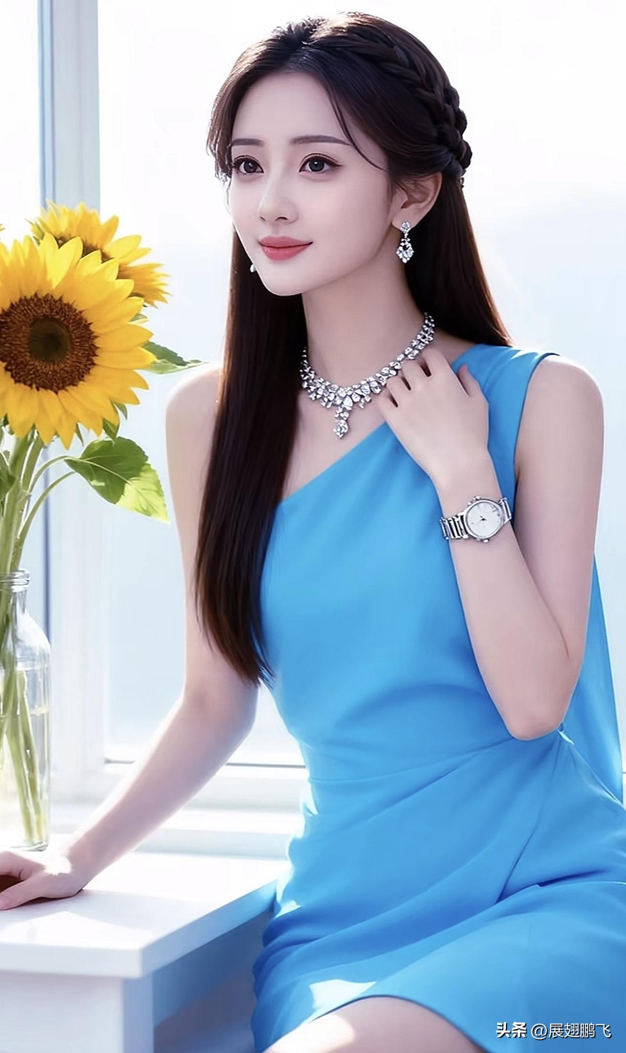 阳光明媚的午后，蓝色连衣裙搭配闪亮项链，美得令人窒息！🌞💎✨碎花裙搭配项链 