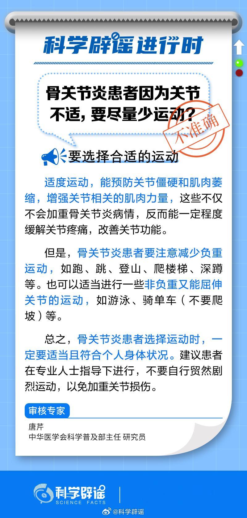 #科学辟谣进行时# 【#骨关节炎患者要尽量少运动吗#？】适度运动能预防关节僵硬和