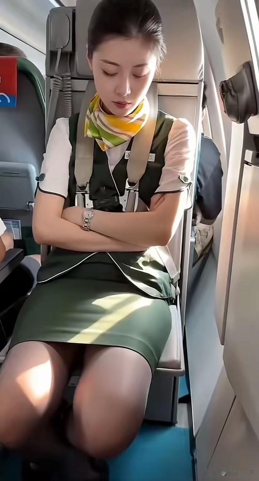 这位空姐坐在座位上，确实显得有点累。可能高空作业就是这样的。