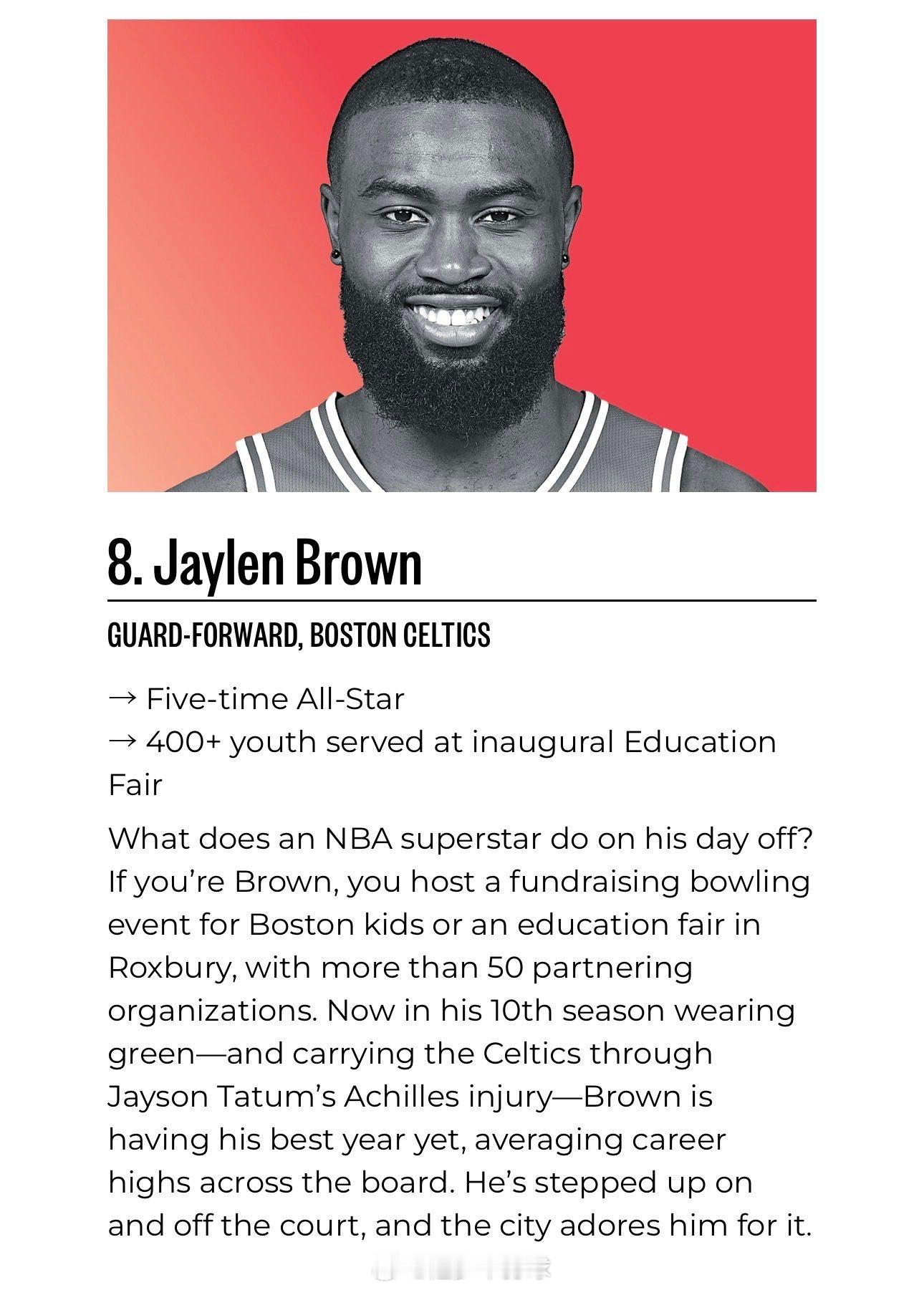 🥸优质偶像！杰伦-布朗入选今年《波士顿杂志》“全市最具影响力人物”榜单，并首次