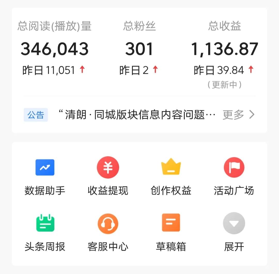 在头条的收益，虽然不多，但是也很香继续努力，加油今天收益了