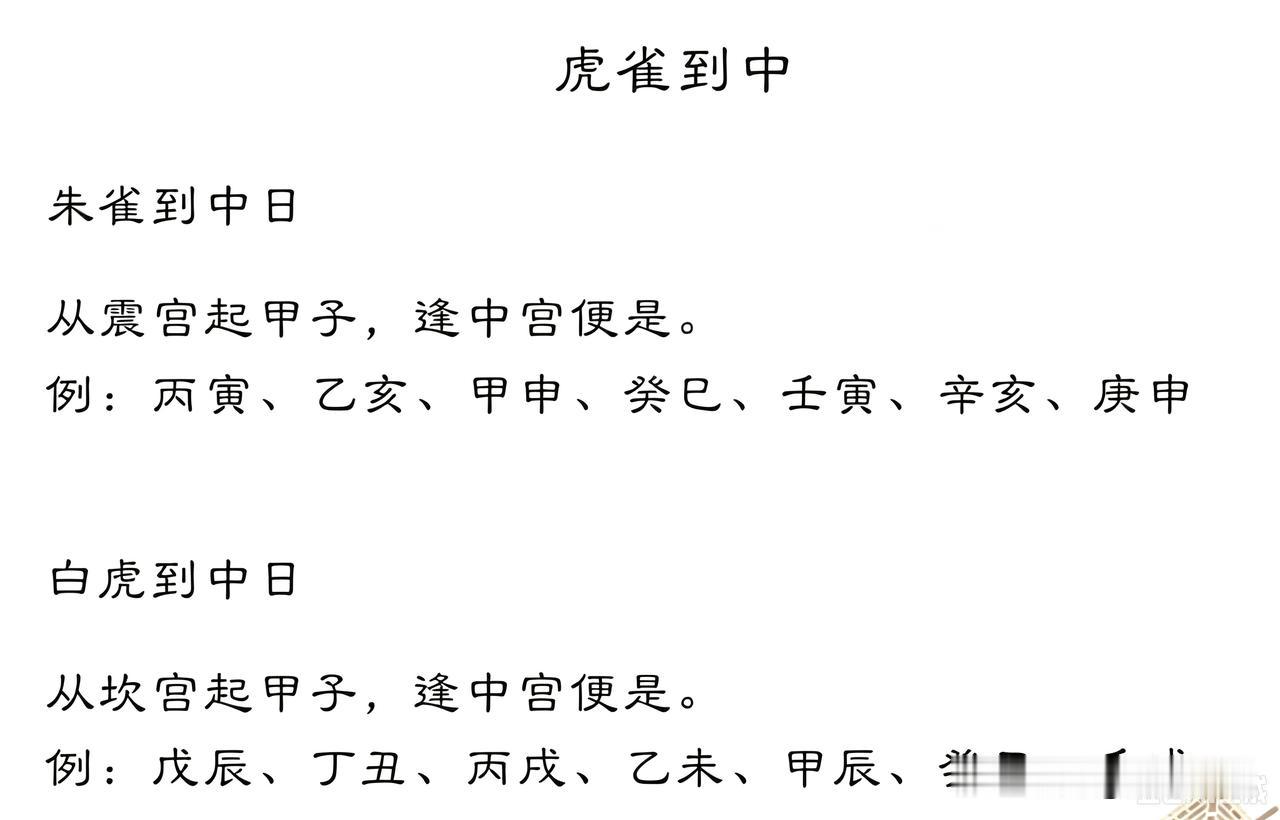 朱雀到中日：九宫自震宫起甲子顺排，干支落中宫即为该日；
白虎到中日：自坎宫起甲子