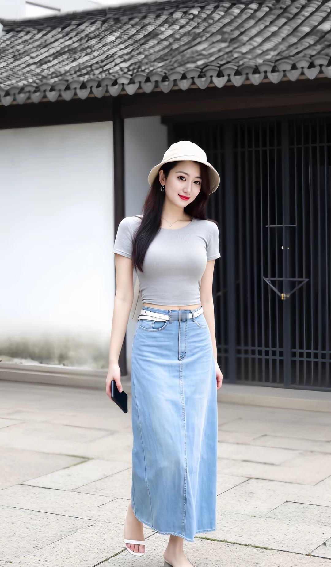 清新夏日穿搭，牛仔裙搭配灰色T恤，轻松自在！