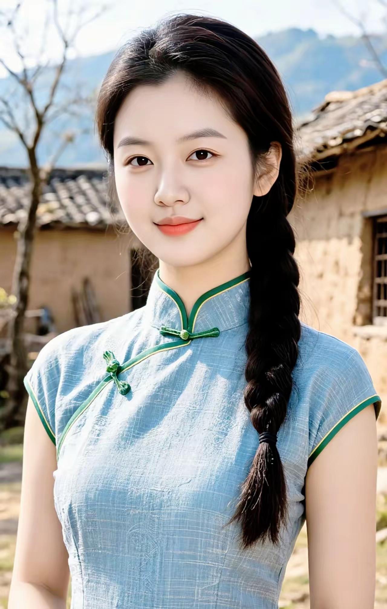 清新古风少女，蓝绿相间旗袍，乡村背景，甜美笑容