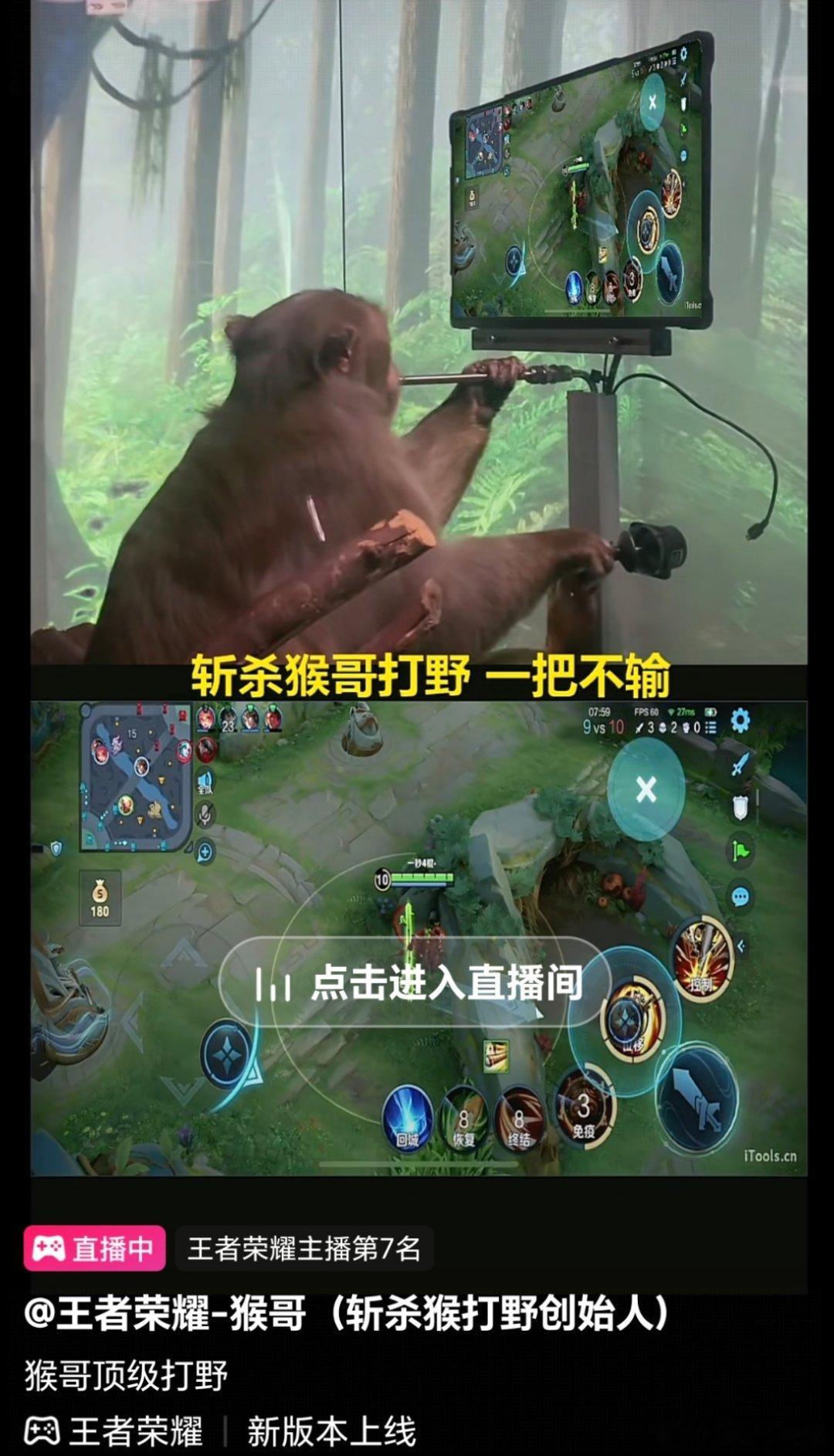 靠，刷到一条直播，是一只真猴子在玩王者荣耀里边的猴子，这是咋训练出来的[哆啦A梦