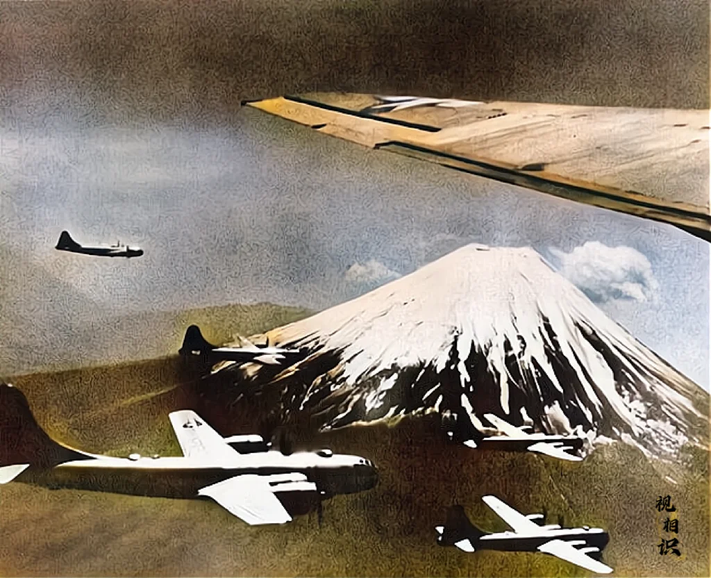 1945年，美国B-29“超级堡垒”轰炸机飞越富士山，装载着大量的炸弹...