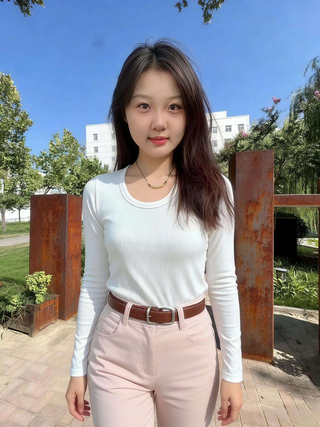 晴光铺野陌，白袂映霞明。
粉裤随风软，嫣然笑里生。