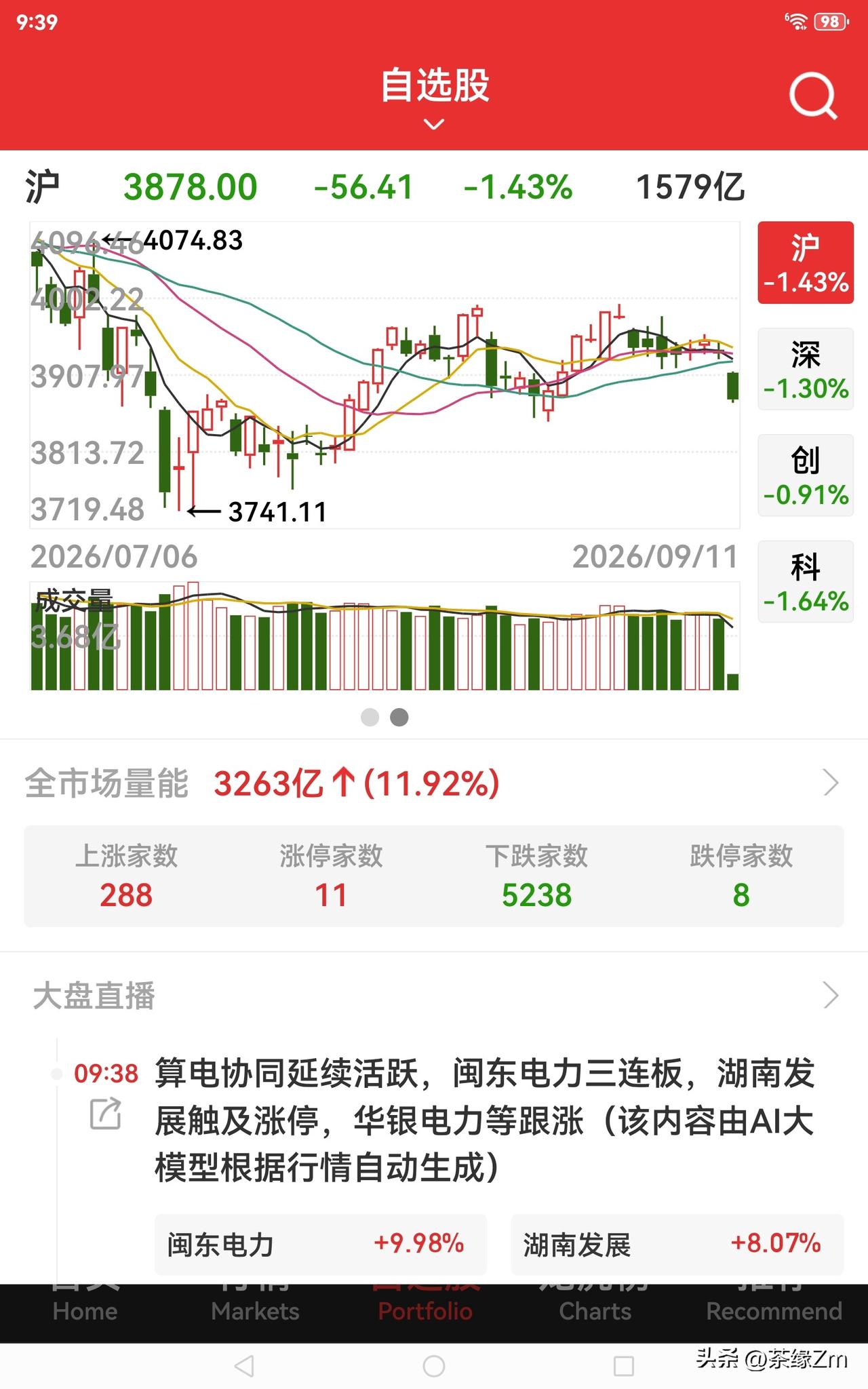 这跌得着实有点吓人，电力板块和消费板块走势稍好，其余多数板块都在下跌。只要外围市