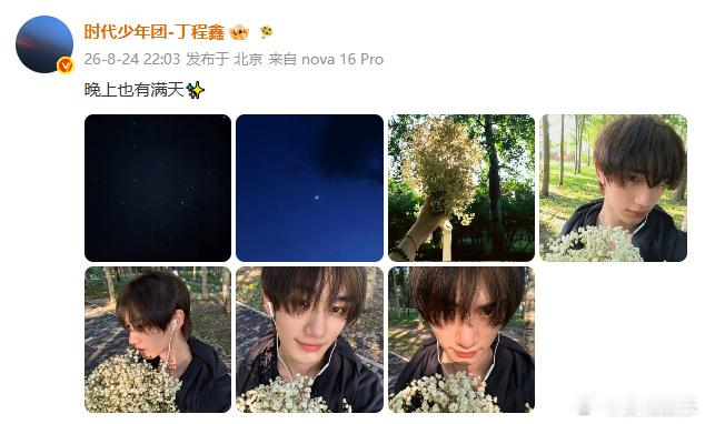 丁程鑫白天抱满天星晚上拍满天星丁程鑫分享满天星丁程鑫白天抱满天星晚上拍满天星，好