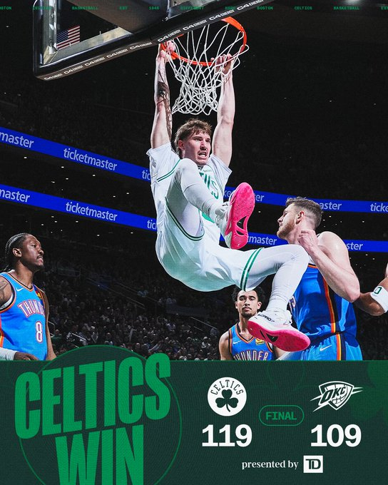 全场比赛结束，我们以119-109战胜雷霆☘️布朗31分8篮板8助攻☘️塔图姆1