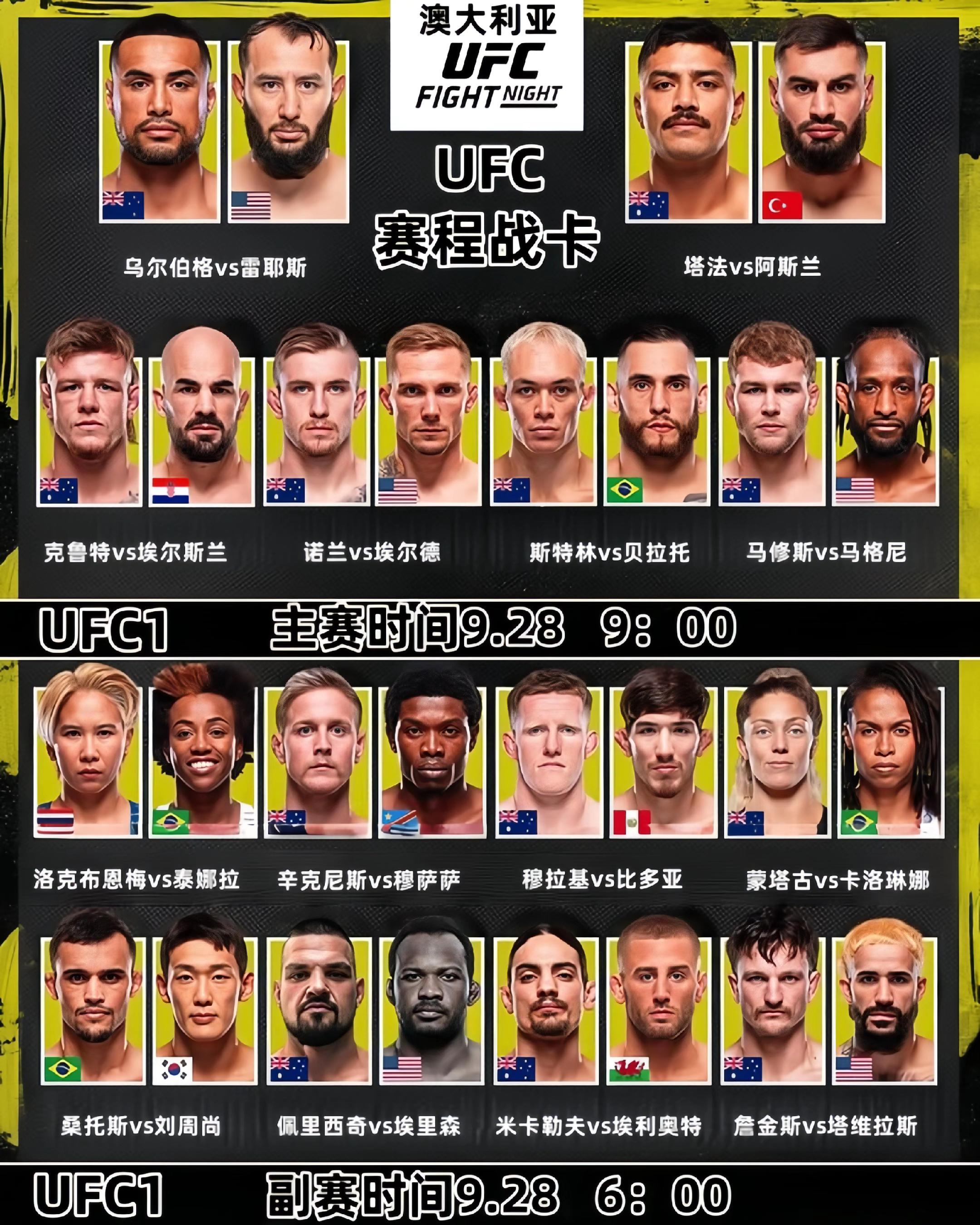 UFC9月28日赛程战卡🔥。
