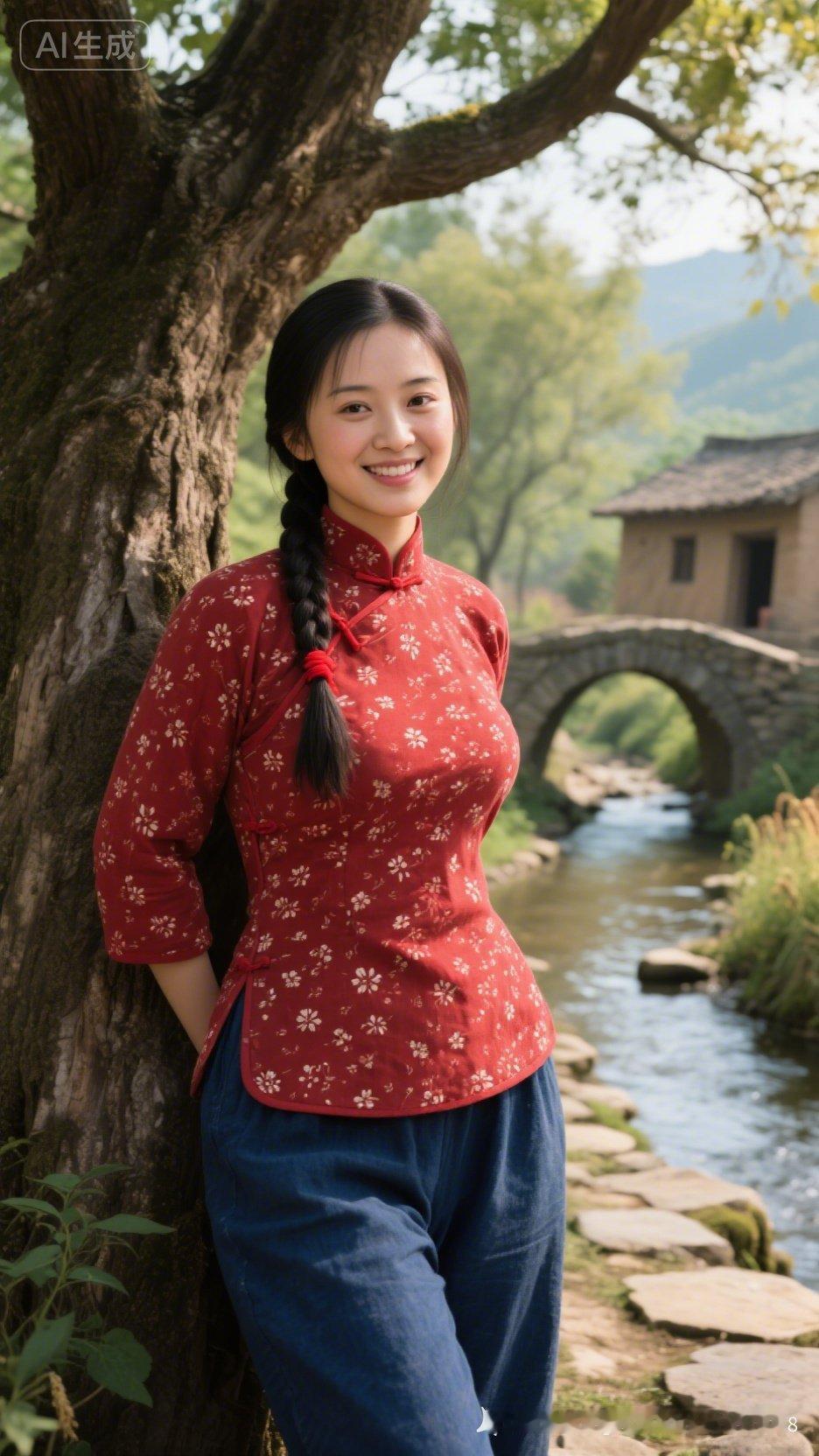 在古桥边，红衣少女倚树笑，岁月静好。