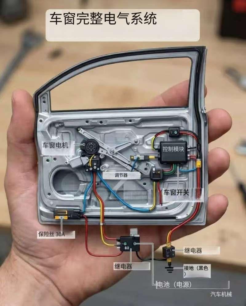 电动车窗完整电气系统 。电动车窗完整电气系统 ⚡🚪🔥
 
这是车门内部的详细