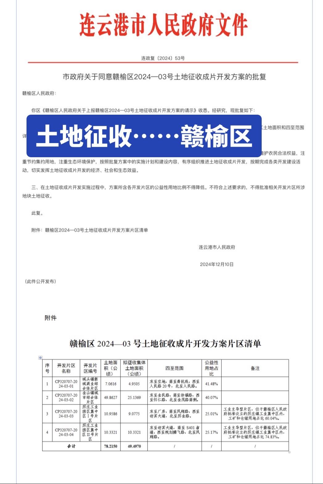 土地征收……赣榆区。2024—03号土地征收成片开发方案，共包含4个开...