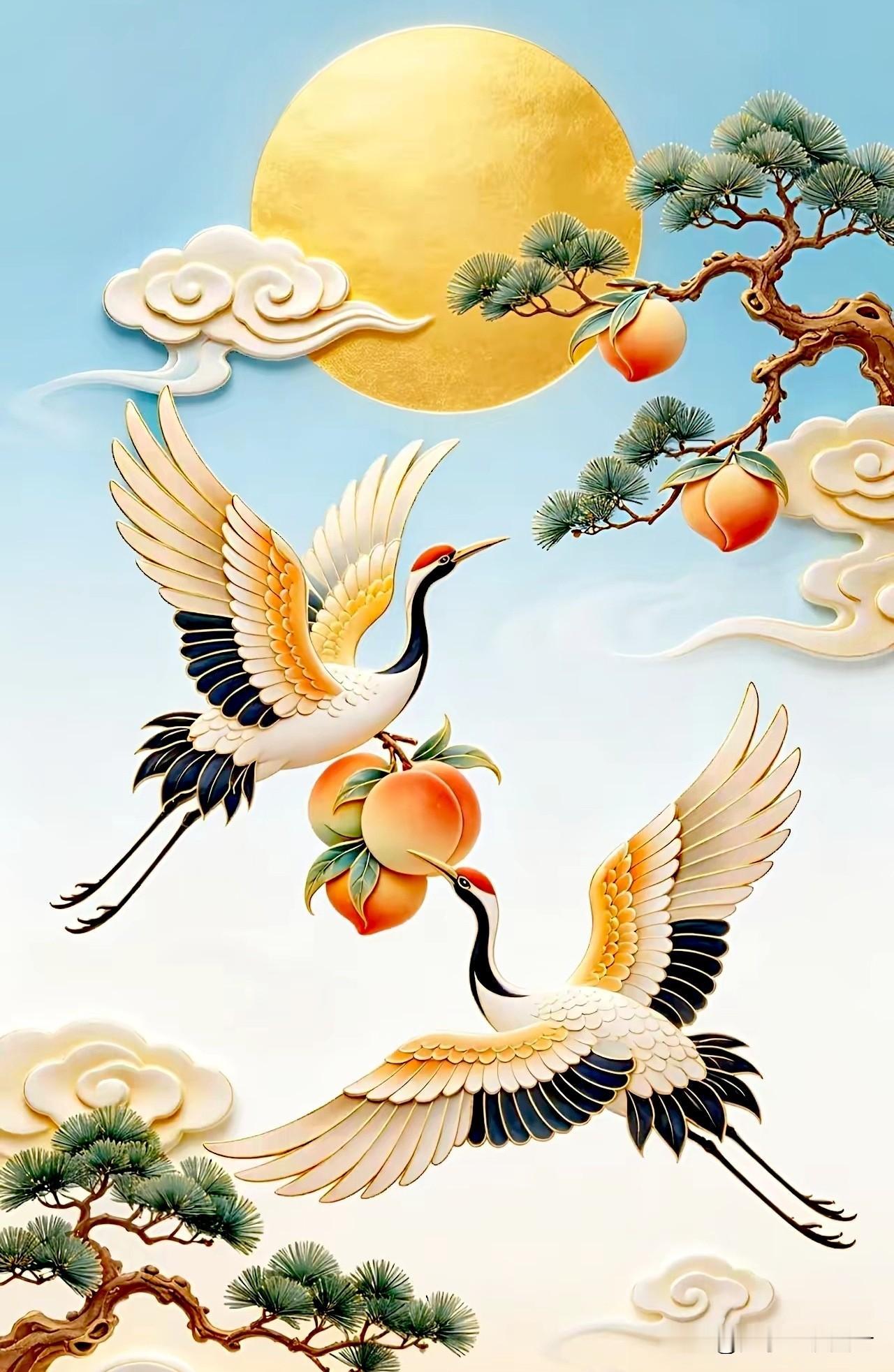 仙鹤凌云携桃至，
青松映月纳吉祥。