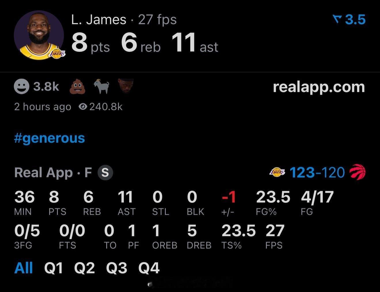 17投4中，全场8分6篮板，“送”也绝杀助攻。请各方辩手点评一下本场詹姆斯的表现