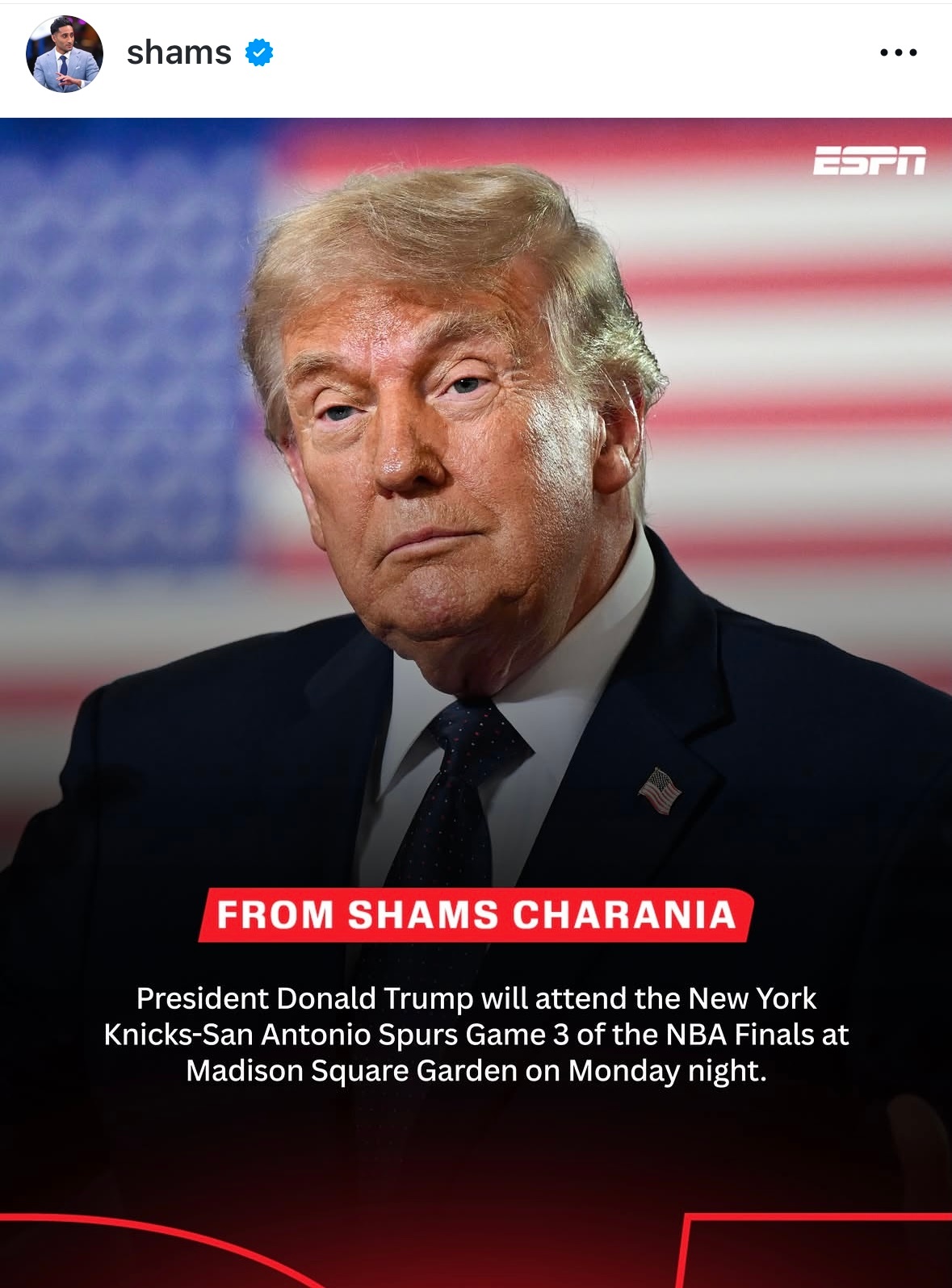 Shams：唐纳德·特朗普将于周一晚间，在麦迪逊广场花园现场观战纽约尼克斯对阵圣