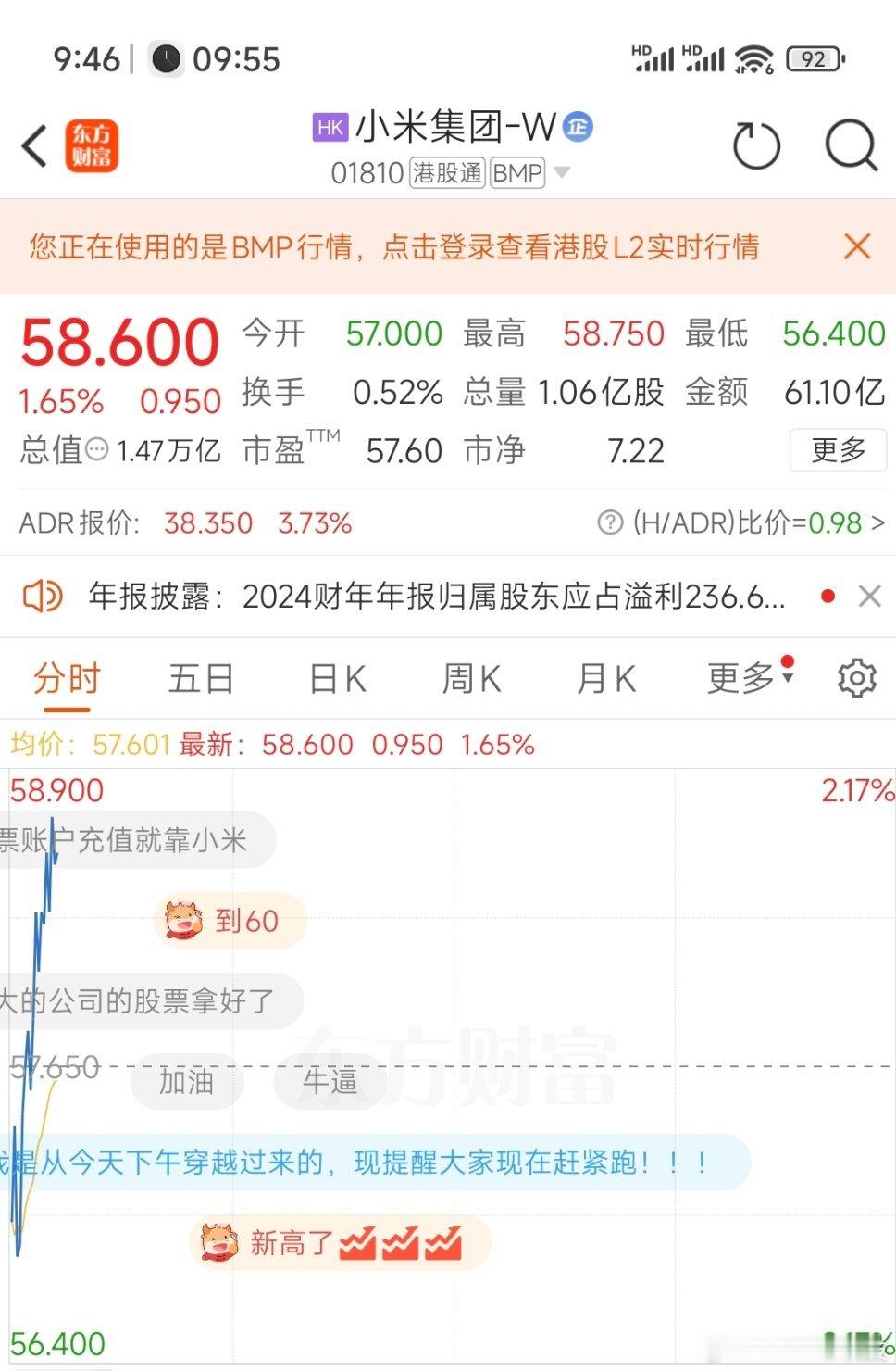 卧槽！小米股票今开57，目前58.6，恭喜各位股东又赚一笔[doge] ​​​