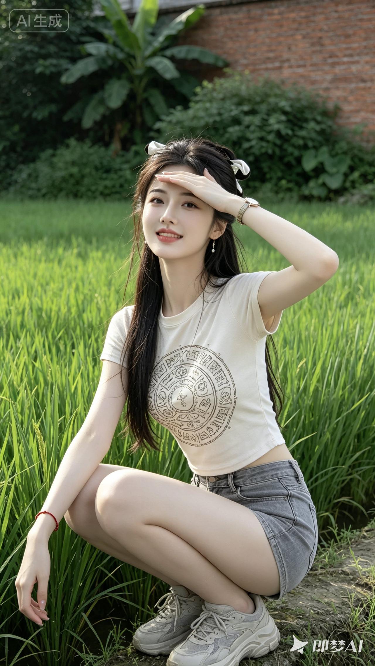 夏日田野里的甜美少女，阳光洒满笑容