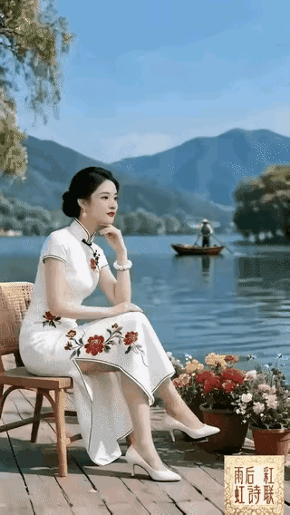 青山绿水白云边，
丽女倚椅坐江边，
明眸慢看千帆边，
微风习习情一片。