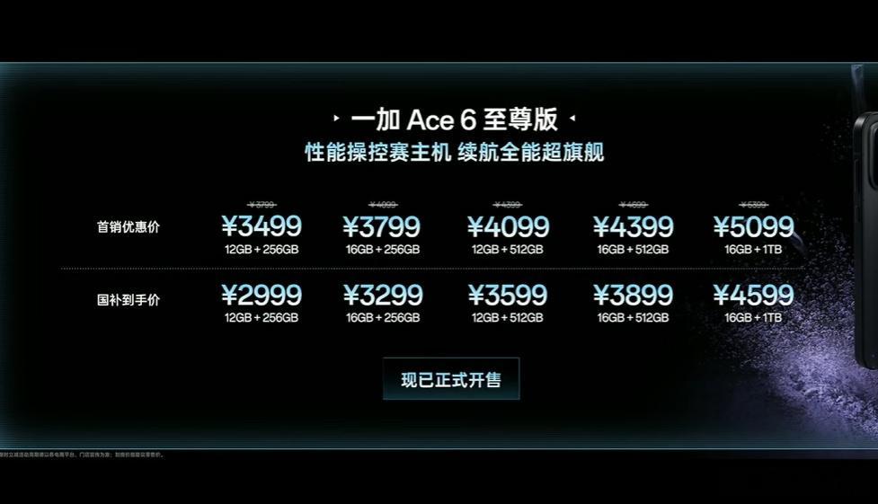 一加Ace6至尊版：12+256GB 3499元；16+256GB 3799元；